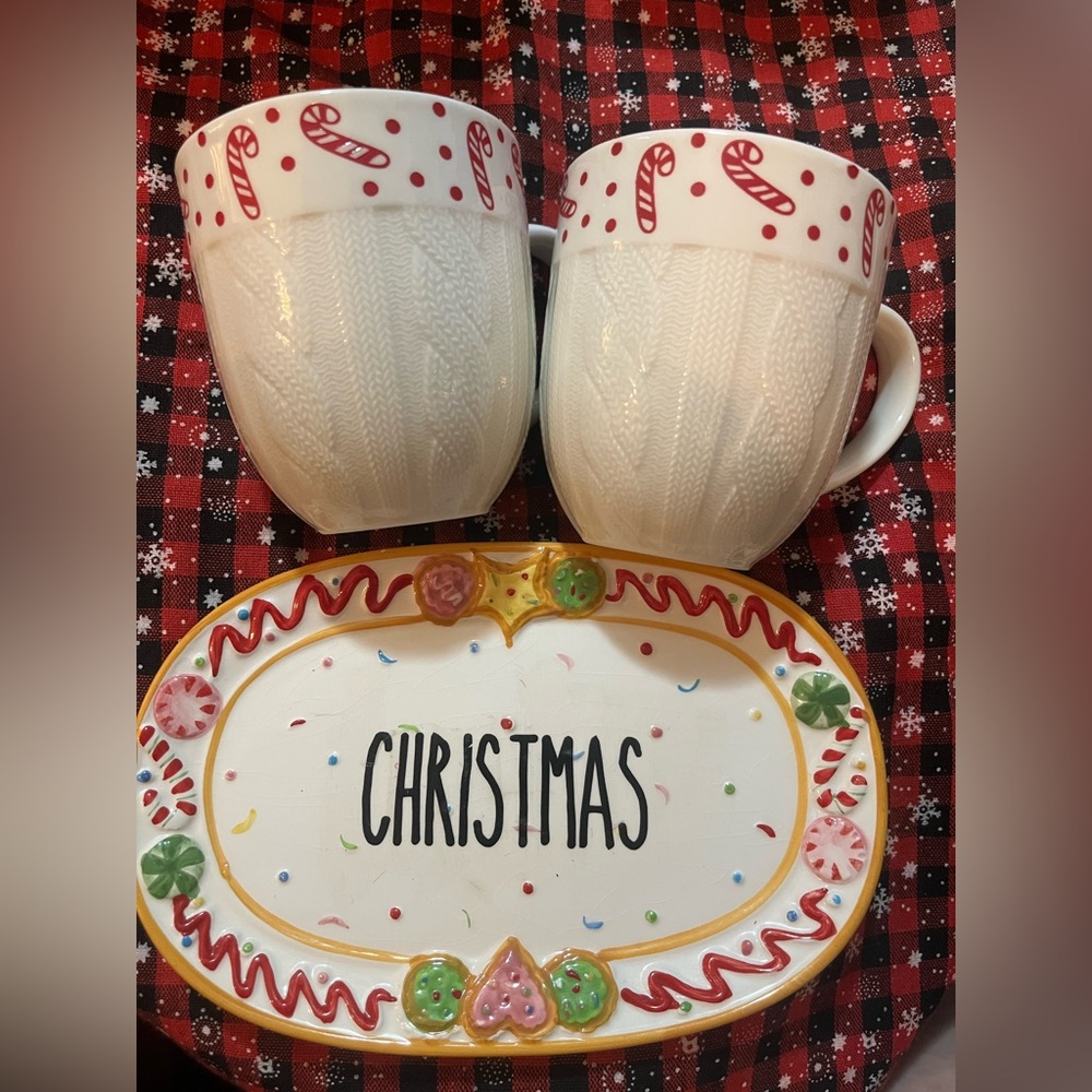 Christmas Plate and 2 candy can coffee mugs